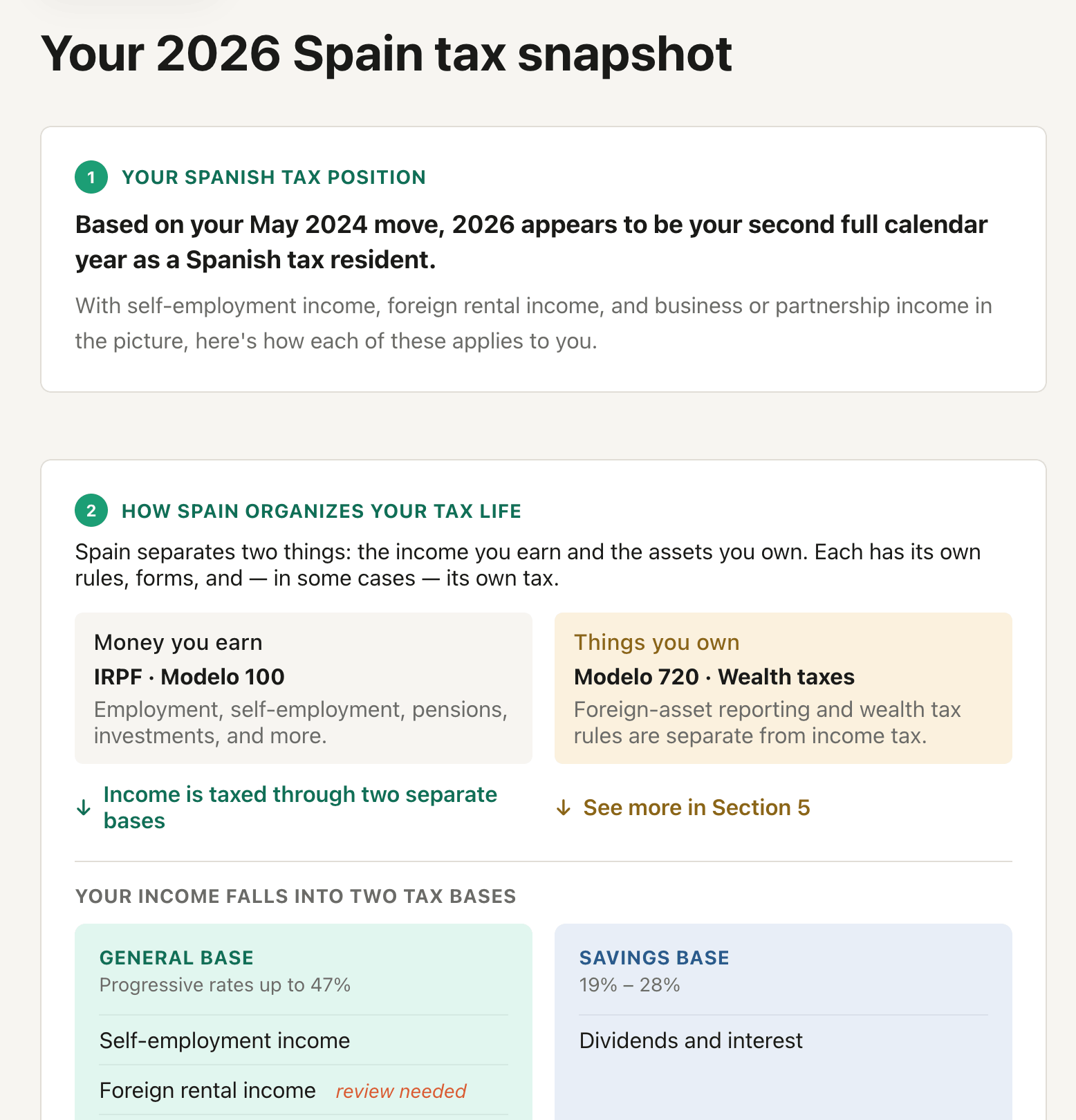 Sample Spain Tax Snapshot showing filing obligations and deadlines